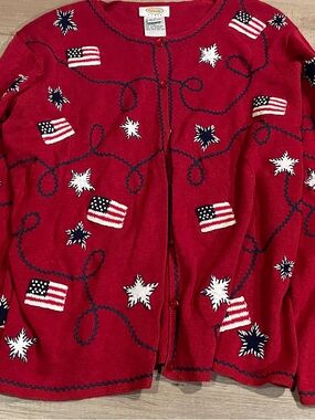 Talbots Red Americana Flag Embroidered Cardigan